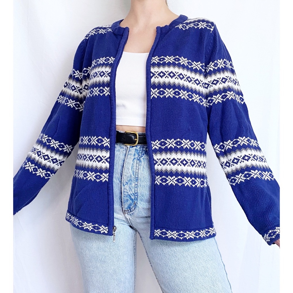Vintage Retro Fair Isle Blue + White Printed Zip Up Knit Cardigan Sweater - Picture 2 of 12